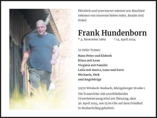 Anzeige von Frank Hundenborn von Kölner Stadt-Anzeiger / Kölnische Rundschau / Express