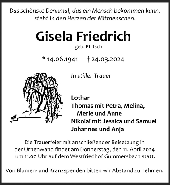 Traueranzeigen Von Gisela Friedrich WirTrauern