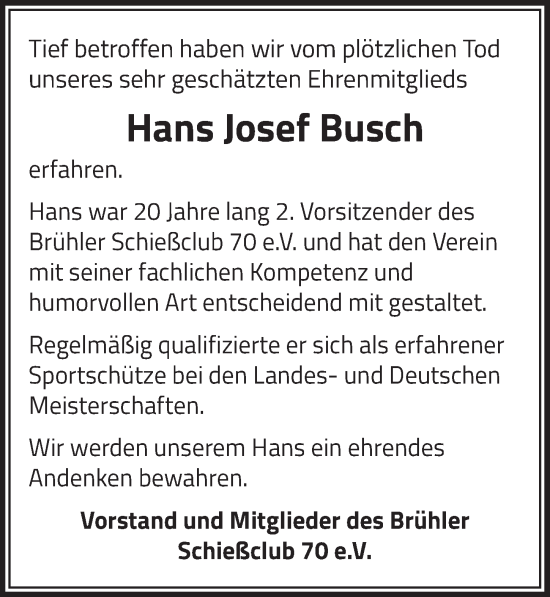 Anzeige von Hans Josef Busch von  Schlossbote/Werbekurier 