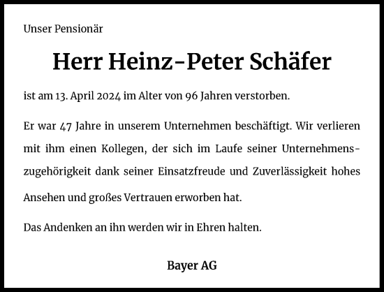 Anzeige von Heinz-Peter Schäfer von Kölner Stadt-Anzeiger / Kölnische Rundschau / Express