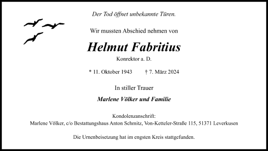 Anzeige von Helmut Fabritius von Kölner Stadt-Anzeiger / Kölnische Rundschau / Express