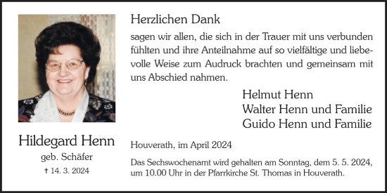 Anzeige von Hildegard Henn von  Blickpunkt Euskirchen 
