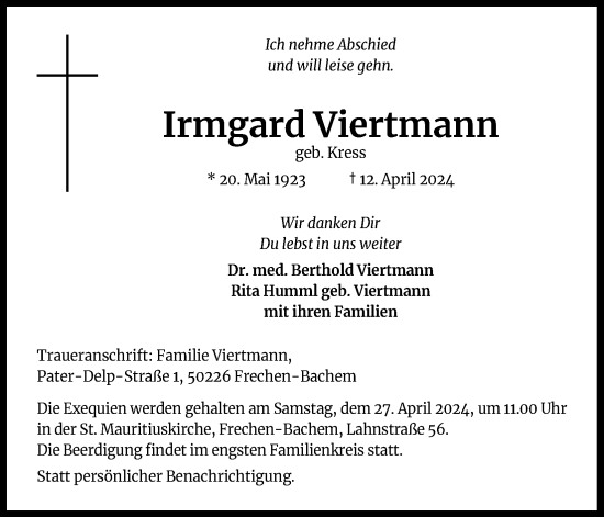 Anzeige von Irmgard Viertmann von Kölner Stadt-Anzeiger / Kölnische Rundschau / Express