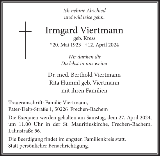 Anzeige von Irmgard Viertmann von  Wochenende 