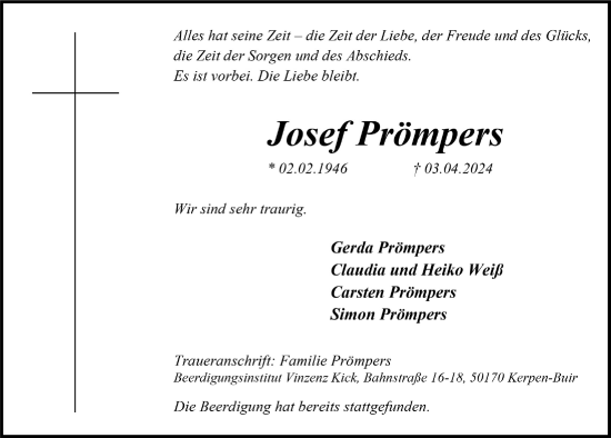 Anzeige von Josef Prömpers von  Werbepost 