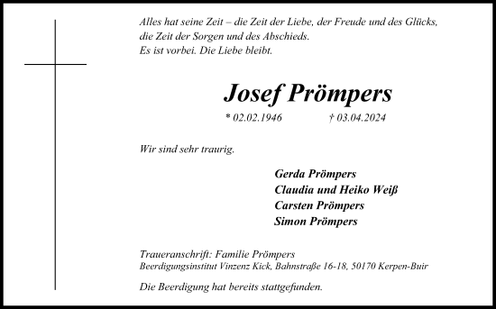 Anzeige von Josef Prömpers von Kölner Stadt-Anzeiger / Kölnische Rundschau / Express