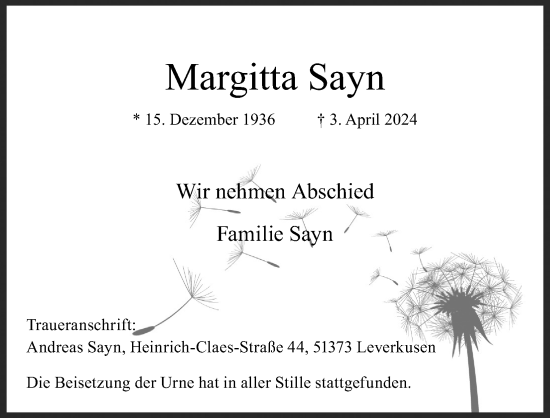 Anzeige von Margitta Sayn von Kölner Stadt-Anzeiger / Kölnische Rundschau / Express
