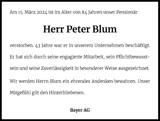 Traueranzeigen Von Peter Blum Wirtrauern