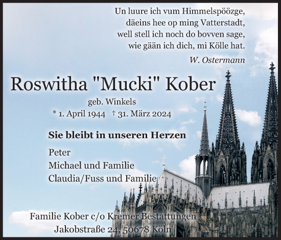 Anzeige von Roswitha Kober von Kölner Stadt-Anzeiger / Kölnische Rundschau / Express
