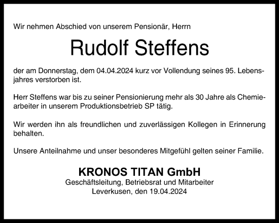 Anzeige von Rudolf Steffens von Kölner Stadt-Anzeiger / Kölnische Rundschau / Express