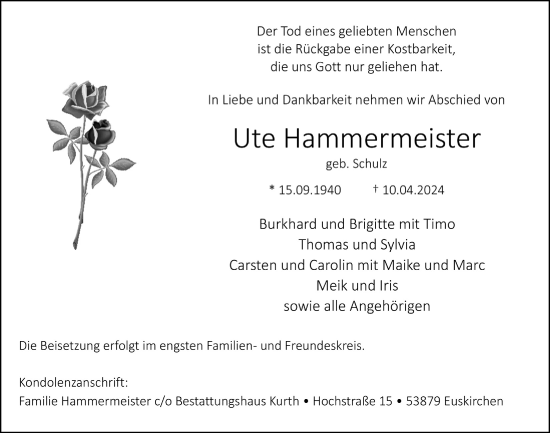 Anzeige von Ute Hammermeister von  Blickpunkt Euskirchen 