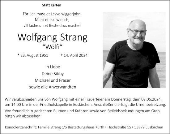 Anzeige von Wolfgang Strang von  Blickpunkt Euskirchen 