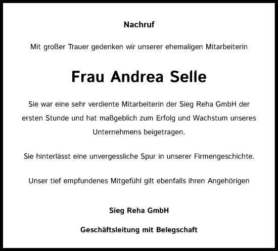 Traueranzeigen Von Andrea Selle Wirtrauern