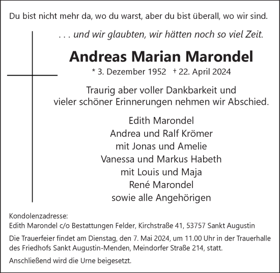 Anzeige von Andreas Marian Marondel von  Extra Blatt 
