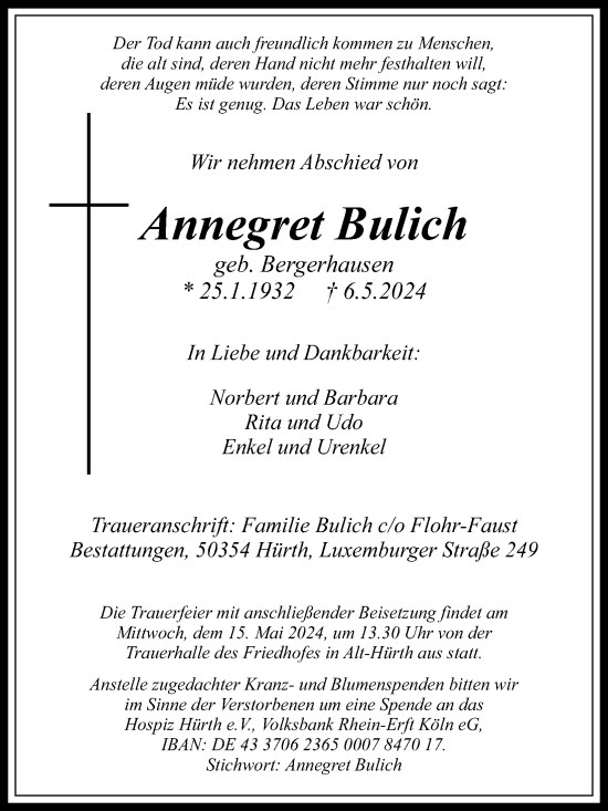 Anzeige von Annegret Bulich von Kölner Stadt-Anzeiger / Kölnische Rundschau / Express