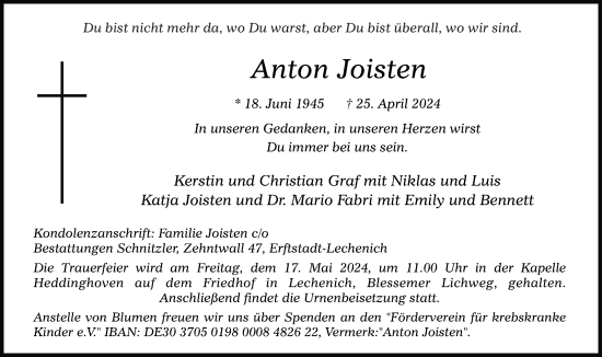 Anzeige von Anton Joisten von Kölner Stadt-Anzeiger / Kölnische Rundschau / Express