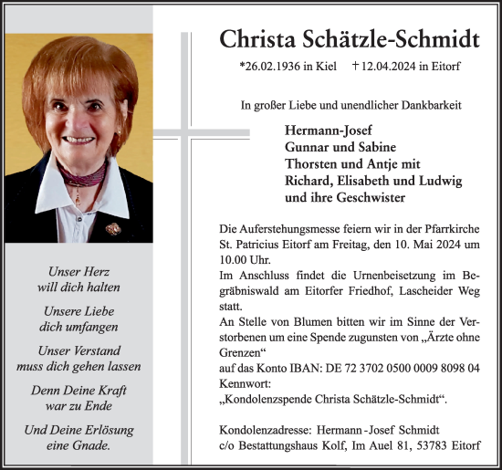 Anzeige von Christa Schätzle-Schmidt von Kölner Stadt-Anzeiger / Kölnische Rundschau / Express
