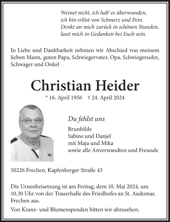 Anzeige von Christian Heider von  Wochenende 