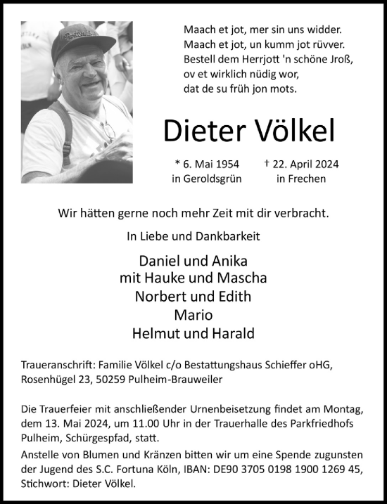 Anzeige von Dieter Völkel von  Wochenende 