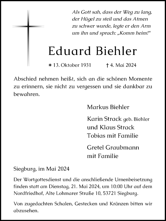 Anzeige von Eduard Biehler von Kölner Stadt-Anzeiger / Kölnische Rundschau / Express