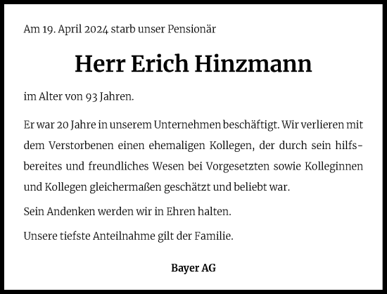 Anzeige von Erich Hinzmann von Kölner Stadt-Anzeiger / Kölnische Rundschau / Express