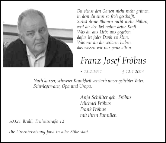 Anzeige von Franz Josef Fröbus von  Schlossbote/Werbekurier 