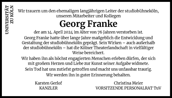 Anzeige von Georg Franke von Kölner Stadt-Anzeiger / Kölnische Rundschau / Express