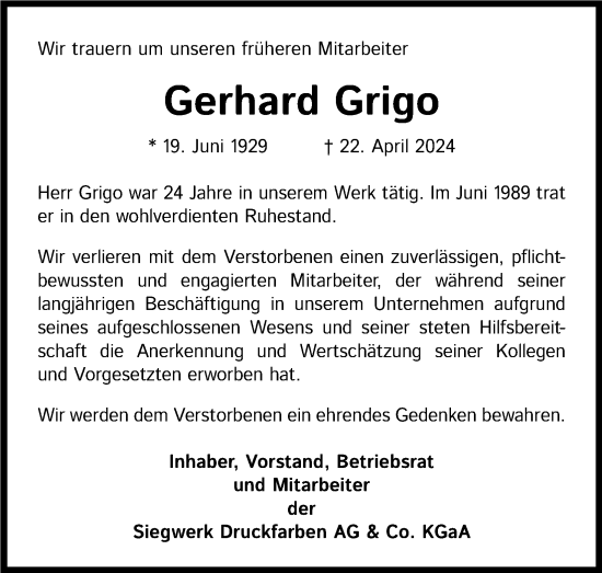 Anzeige von Gerhard Grigo von Kölner Stadt-Anzeiger / Kölnische Rundschau / Express