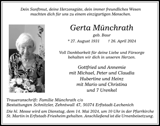 Anzeige von Gerta Münchrath von  Werbepost 