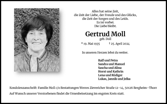 Anzeige von Gertrud Moll von Kölner Stadt-Anzeiger / Kölnische Rundschau / Express