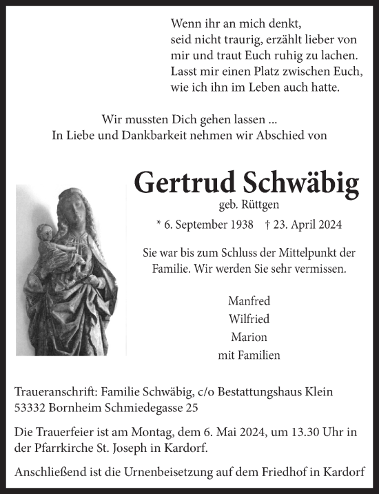Anzeige von Gertrud Schwäbig von  Schaufenster/Blickpunkt 