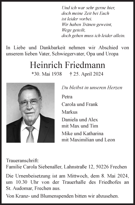 Anzeige von Heinrich Friedmann von  Wochenende 