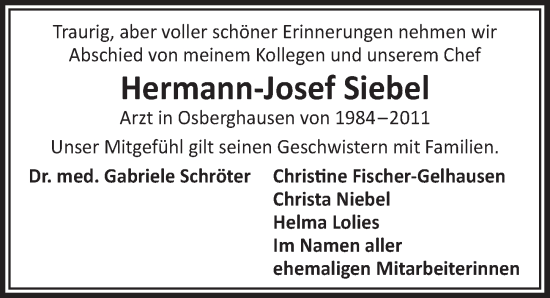 Anzeige von Hermann-Josef Siebel von  Anzeigen Echo 