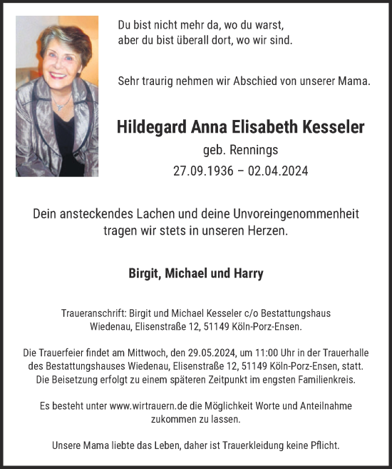 Anzeige von Hildegard Anna Elisabeth Kesseler von  EXPRESS - Die Woche 