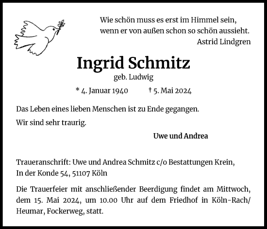 Anzeige von Ingrid Schmitz von Kölner Stadt-Anzeiger / Kölnische Rundschau / Express