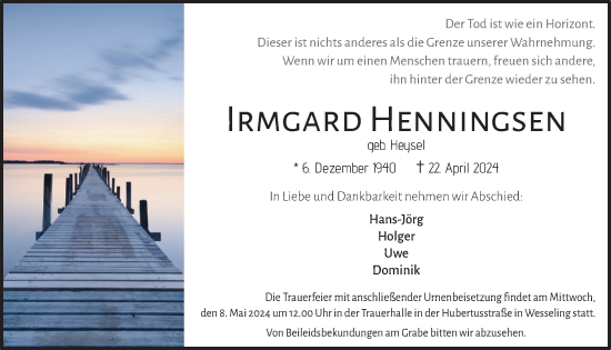 Anzeige von Irmgard Hennigsen von  Schlossbote/Werbekurier 