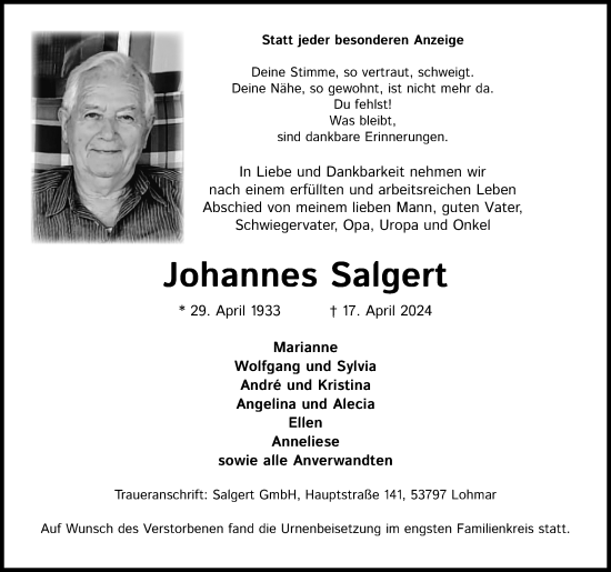Anzeige von Johannes Salgert von Kölner Stadt-Anzeiger / Kölnische Rundschau / Express
