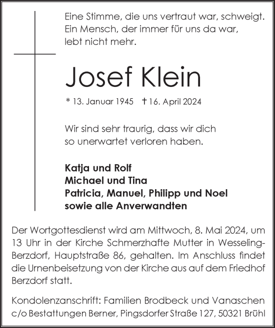 Anzeige von Josef Klein von  Schlossbote/Werbekurier 