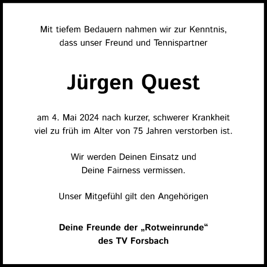 Anzeige von Jürgen Quest von Kölner Stadt-Anzeiger / Kölnische Rundschau / Express
