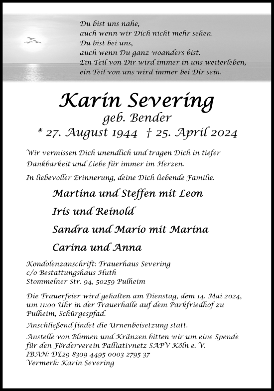 Anzeige von Karin Severing von Kölner Stadt-Anzeiger / Kölnische Rundschau / Express
