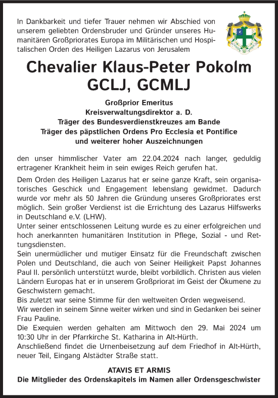 Anzeige von Klaus-Peter Pokolm von Kölner Stadt-Anzeiger / Kölnische Rundschau / Express