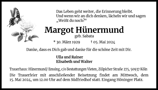 Anzeige von Margot Hünermund von Kölner Stadt-Anzeiger / Kölnische Rundschau / Express