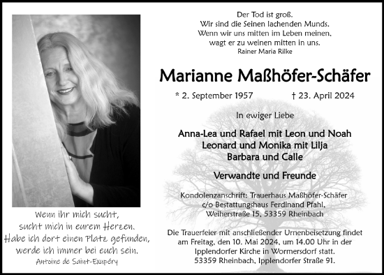 Anzeige von Marianne Maßhöfer-Schäfer von  Schaufenster/Blickpunkt 