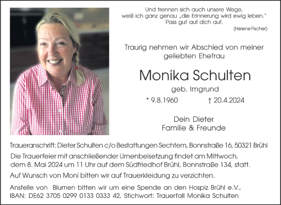 Anzeige von Monika Schulten von  Schlossbote/Werbekurier 