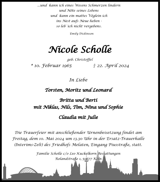 Anzeige von Nicole Scholle von Kölner Stadt-Anzeiger / Kölnische Rundschau / Express