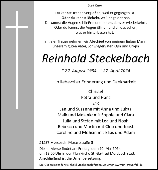 Anzeige von Reinhold Steckelbach von  Lokalanzeiger 