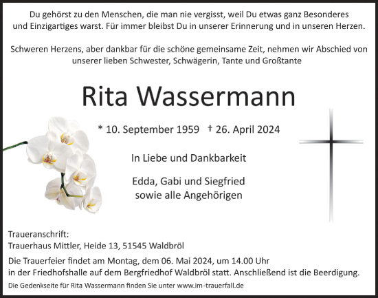 Anzeige von Rita Wassermann von  Lokalanzeiger 