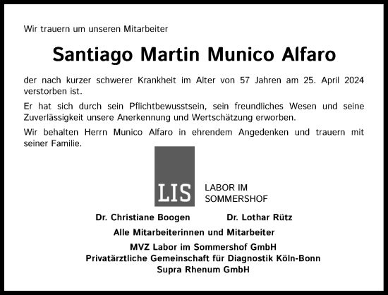 Anzeige von Santiago Martin Munico Alfaro von Kölner Stadt-Anzeiger / Kölnische Rundschau / Express