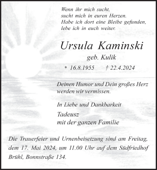 Anzeige von Ursula Kaminski von  Schlossbote/Werbekurier 