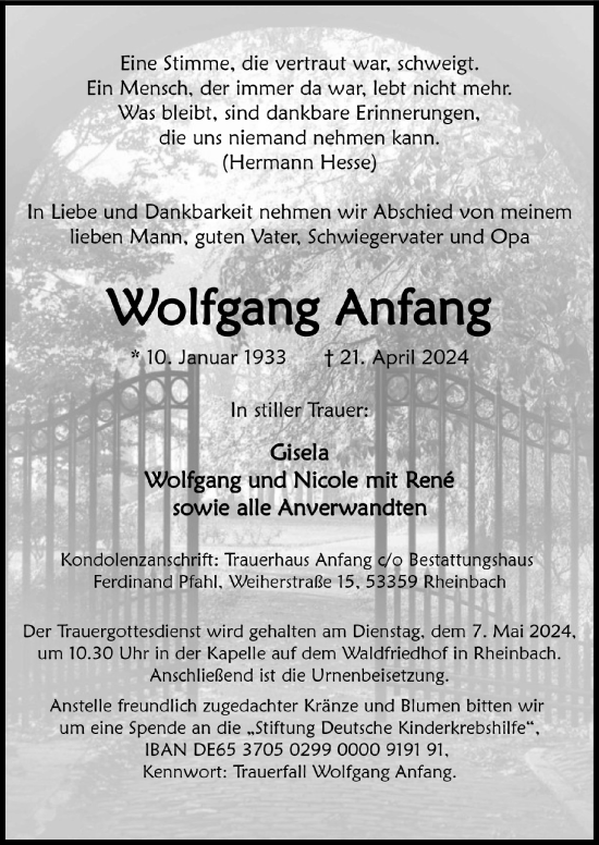Anzeige von Wolfgang Anfang von  Schaufenster/Blickpunkt 